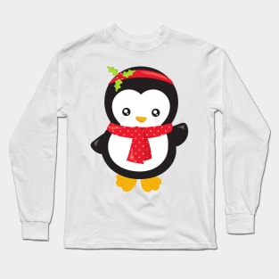 Christmas Penguin, Penguin With Scarf, Mistletoe Long Sleeve T-Shirt